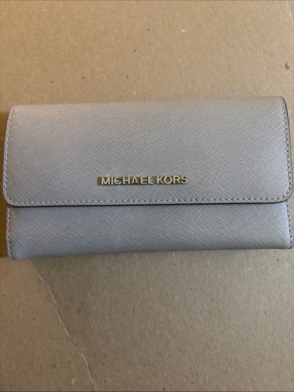 Michael Kors taupe Saffiano leather continental wallet with gold logo